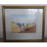 Laurence Peace - a farmer working in a field with a horse drawn plough  watercolour  bears a