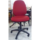 A modern fully adjustable typist's chair, upholstered in red fabric, raised on a pedestal, five