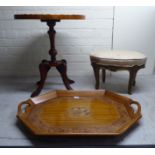 Small furniture, viz. a 19thC French design oval, upholstered gilt framed footstool; a yewwood