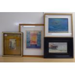 Four framed pictures, including after Jesse Lee - a geometric abstract  coloured print  9" x 8"; and