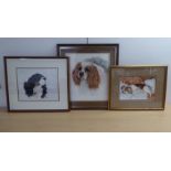 Three dog themed pictures: to include Jean Crask - a Spaniel  watercolour  bears a signature & dated