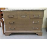 A modern dressing chest, the mottled marble top over a stained beech framed arrangement of five