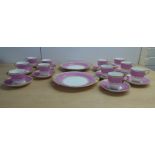 Late Victorian Copeland china teaware, decorated in pink and white with gilding