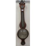 A 19thC satinwood string inlaid mahogany cased wheel barometer, having a swan neck crest, over a