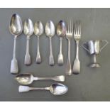 Silver flatware: to include four 19thC fiddle pattern dessert spoons; and a miniature twin handled