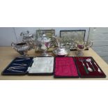 Victorian and later silver plated tableware: to include two three piece pedestal tea sets, variously