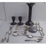 Silver, pewter and white metal collectables: to include a hip flask; teaspoons; and dwarf