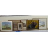 Framed pictures and prints: to include R Hugh-Jones - a mountainous valley  watercolour  bears a