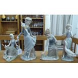 Four Lladro porcelain figures, girls: to include one wearing a bonnet, leaning against a tree stump