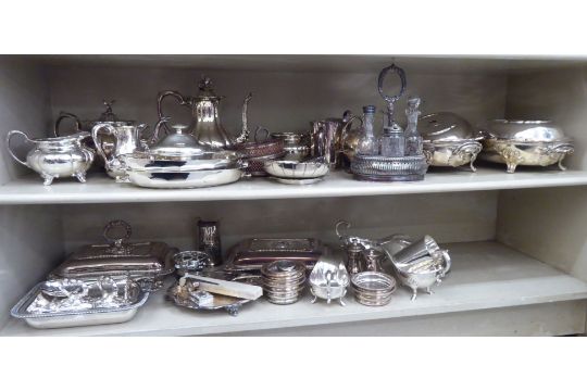 Silver plated tableware: to include a pair of sauce boats; a four piece cruet with glass bottles; - Image 1 of 6