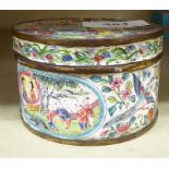 A 19thC Chinese enamelled box and cover, decorated with a traditional garden scene  3"dia