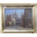 Stephen Bone - a city of London street scene, St. Paul's in the centre ground  oil on board  bears a