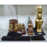 A mixed lot: to include a carved and gilded wooden model, Horus, the Egyptian God of the Sun  16"h