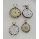 Two silver cased pocket watches, faced by Roman dials and subsidiaries; and two engraved silver