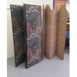 Two early 20thC three fold painted wooden room screens with tapestry panels  72"h  18"w closed