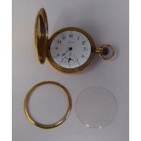 A Waltham 18ct gold cased full hunter pocket watch, the keyless movement faced by a white enamel
