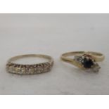 A 9ct gold ring, set with a sapphire, flanked by two diamonds; and another set with diamonds