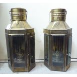 A pair of modern reproductions of brass cased bulkhead lanterns with glazed windows  17"h