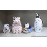 Four Royal Crown Derby china paperweights: to include a penguin  5.5"h