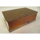 A copper cigarette box with straight sides and a hinged lid, bearing a presentation inscription to