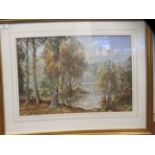 John Arthur Dees - a woodland lake scene  gouache  bears a signature  14.5" x 21.5"  framed