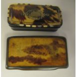 Two similar late 19thC carved bone snuff boxes, one with inlaid, bi-coloured metal and mother-of-