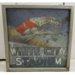 A vintage sign in a square silver painted steel box frame with provision for back illumination,