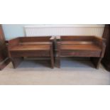 A pair of late 19th/early 20thC planked oak chapel chairs/single pew with low, level backs and arms