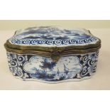 A late 18th/19thC enamelled blue and white serpentine front trinket box, decorated with vignette