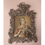 In the manner of Hyacinthe Rigaud - a half-length portrait miniature, a be-wigged figure wearing