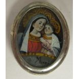 A 19thC (probably Continental) oval, miniature white metal mounted, icon tablet, featuring the