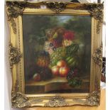 G Collins - a still life study, soft fruit and mixed flowers, on a ledge  oil on canvas  bears a