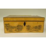 A late 19thC Mauchlineware style satinwood on sycamore box, the straight sides and hinged lid