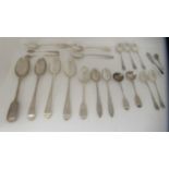 Silver 18th & 19thC flatware: to include a pair of George III bright cut engraved dessert spoons