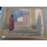 P Chieja - a figure on steps, looking at a building  oil on canvas  bears a signature  19" x 25"