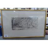 After Meid - a woodland landscape with figures walking  monochrome print  bears a pencil