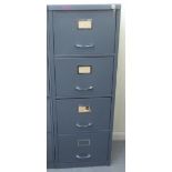A steel four drawer filing cabinet, on a plinth  52"h  18"w  25"deep