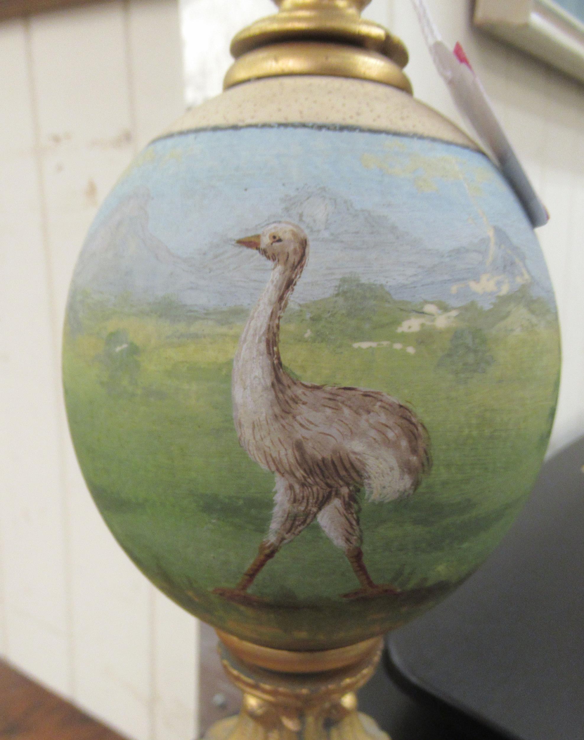 A late 19thC handpainted and gilt metal mounted emu egg centrepiece, on a circular plinth  17"h - Image 5 of 6