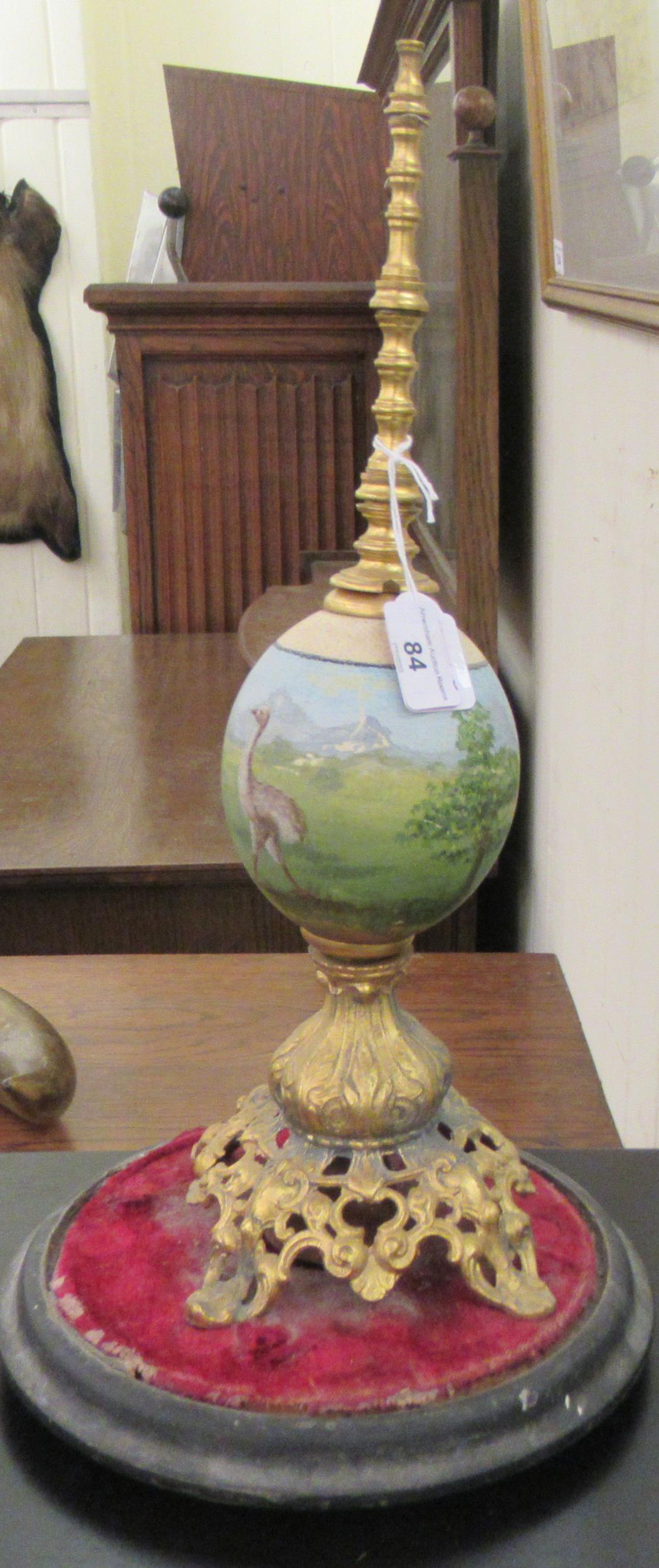 A late 19thC handpainted and gilt metal mounted emu egg centrepiece, on a circular plinth  17"h - Image 4 of 6