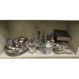 Silver plated tableware: to include tea and coffee pots; trays; and a cruet stand