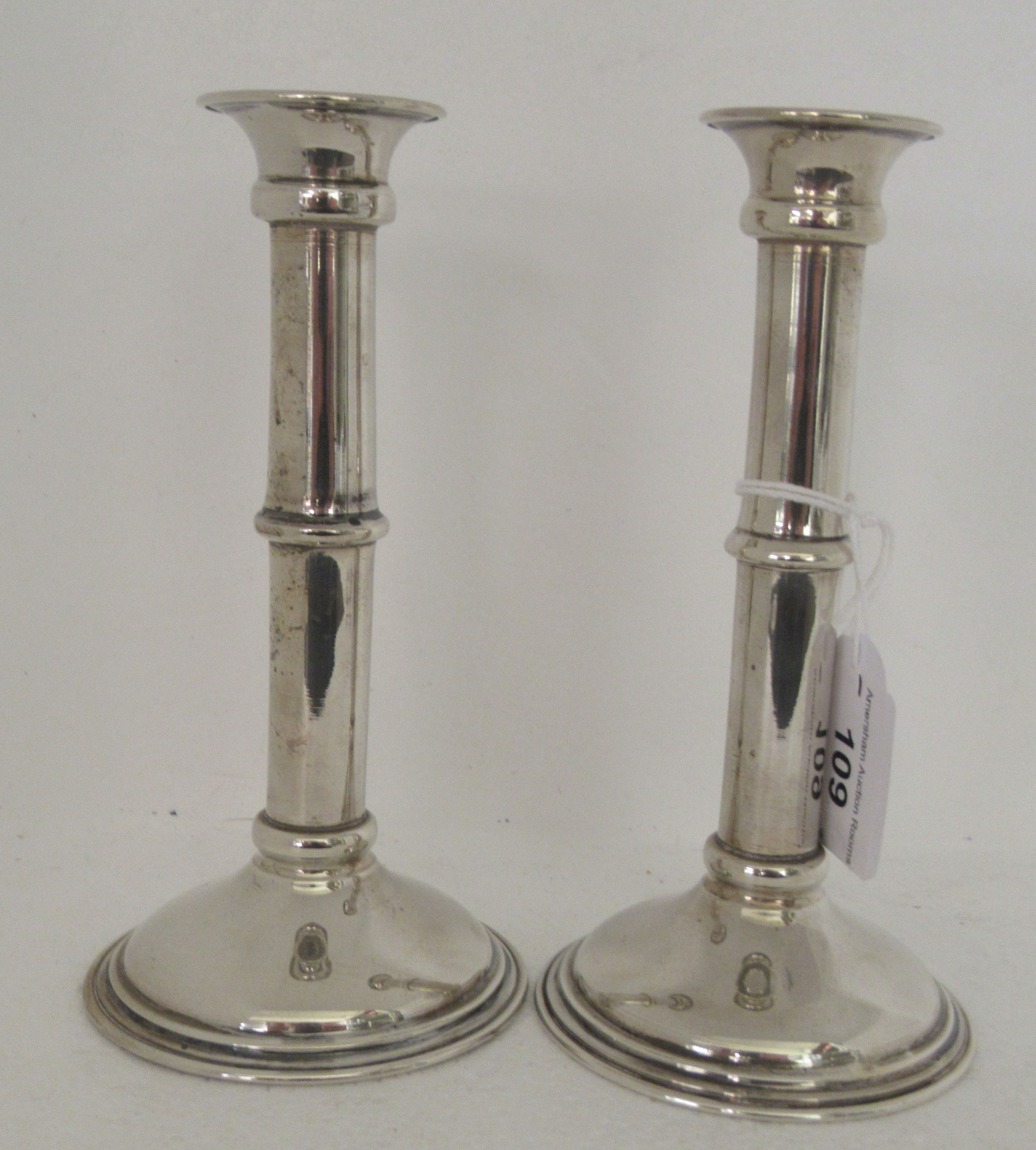 A pair of silver coloured metal candlesticks with knopped, tubular stems  stamped 800  7"h; and a - Image 2 of 4