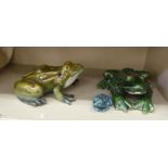 Two similar ceramic green glazed frog models  9"L; and various other examples