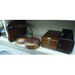 A mixed lot: to include a mahogany box with a hinged lid  6"h  13"w; a bi-coloured, engraved brass