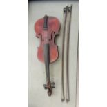 A violin with a purfled edge and one piece back  14"L and two bows, in a wooden case