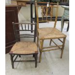 A 19thC painted faux bamboo framed side chair with a railed back and woven rush seat, raised on