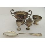 Silver items: to include a miniature twin handled cup; a goblet; and a pedestal bowl
