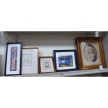 Framed pictures: to include a Victorian mounted horseman  pen & ink sketch  5" x 4"