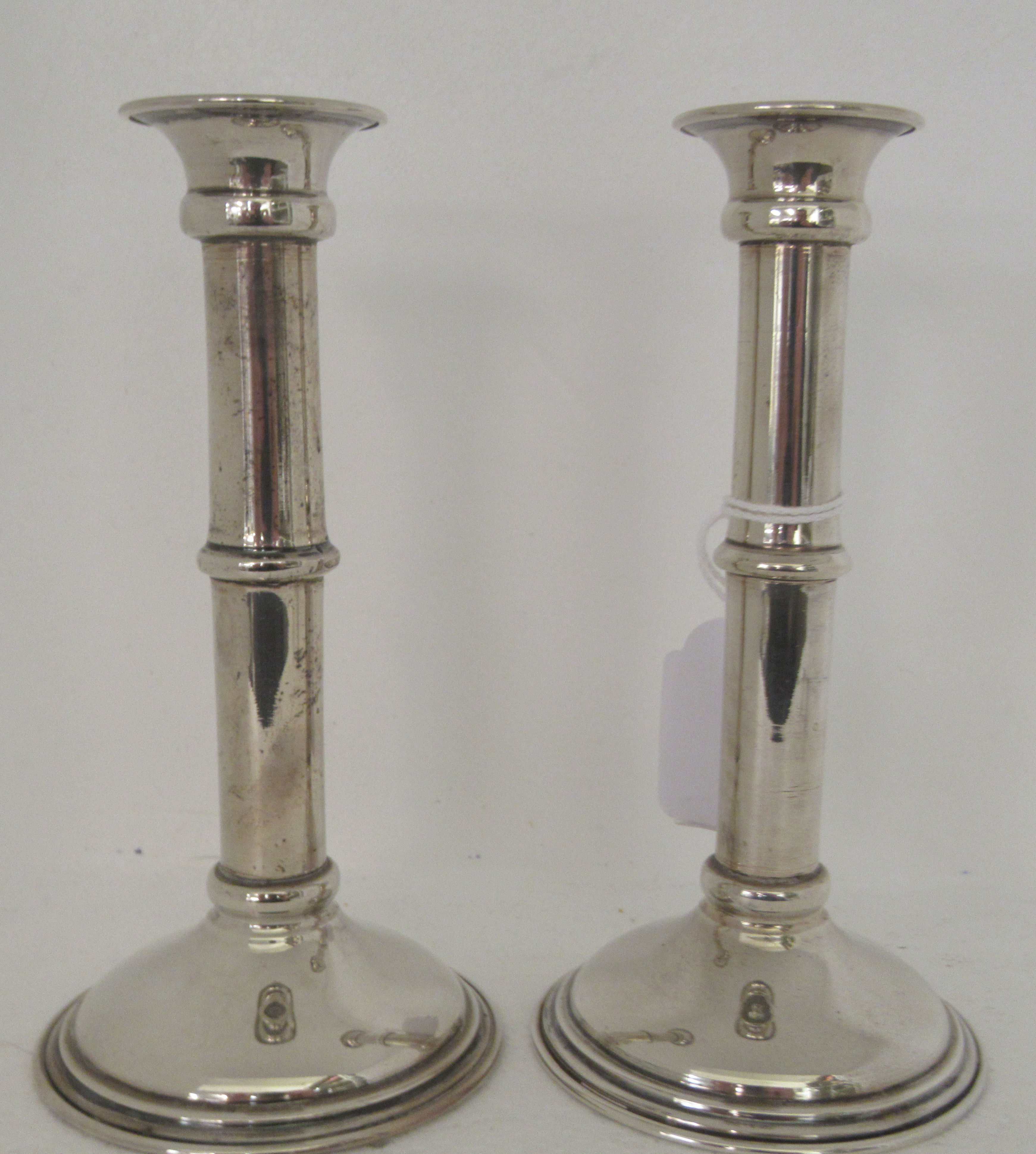 A pair of silver coloured metal candlesticks with knopped, tubular stems  stamped 800  7"h; and a - Image 3 of 4