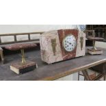 A Continental Art Deco three piece mottled cream coloured and iron red marble case clock garniture