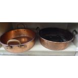 Two similar late 19thC twin handled, copper preserve pans  16"dia